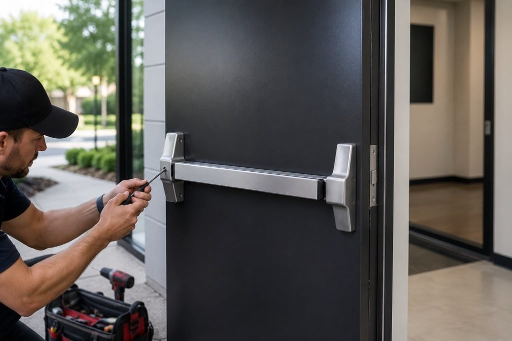 Technician repairing door hardware onsite